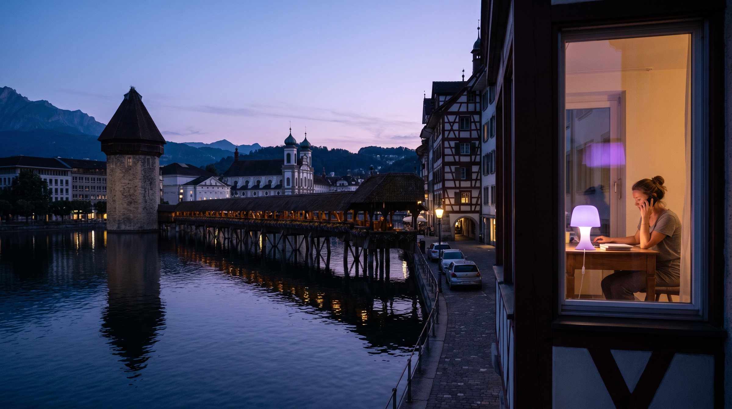 Luzern zur blauen Stunde, die Kapellbrücke mit dem Wasserturm über der Reuss, eine Frau telefoniert hinter einem erleuchteten Fenster