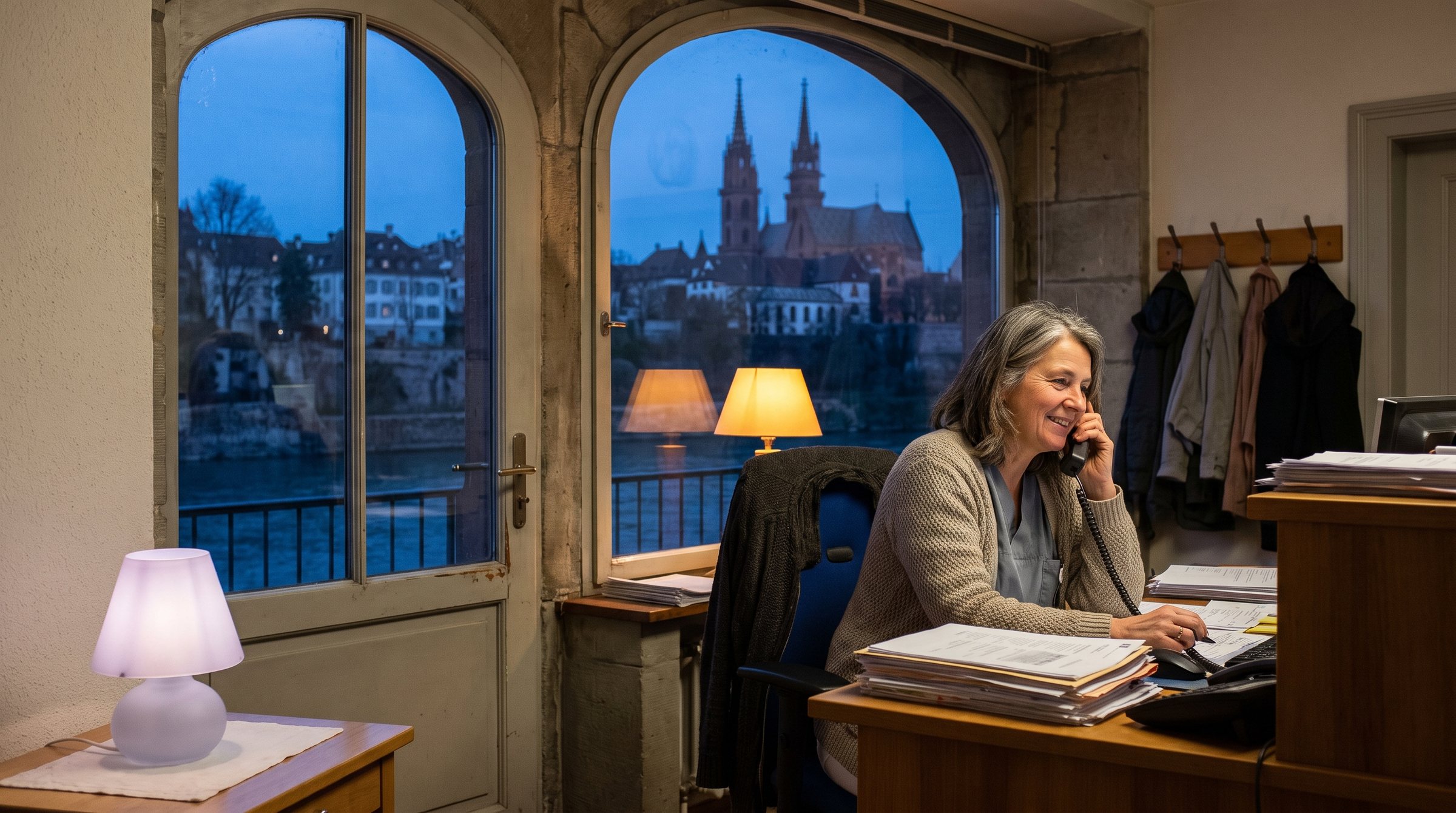 Medizinische Praxisassistentin am Telefon am Empfang einer Hausarztpraxis in Basel, draussen der Rhein und die roten Türme des Münsters im Morgenblau