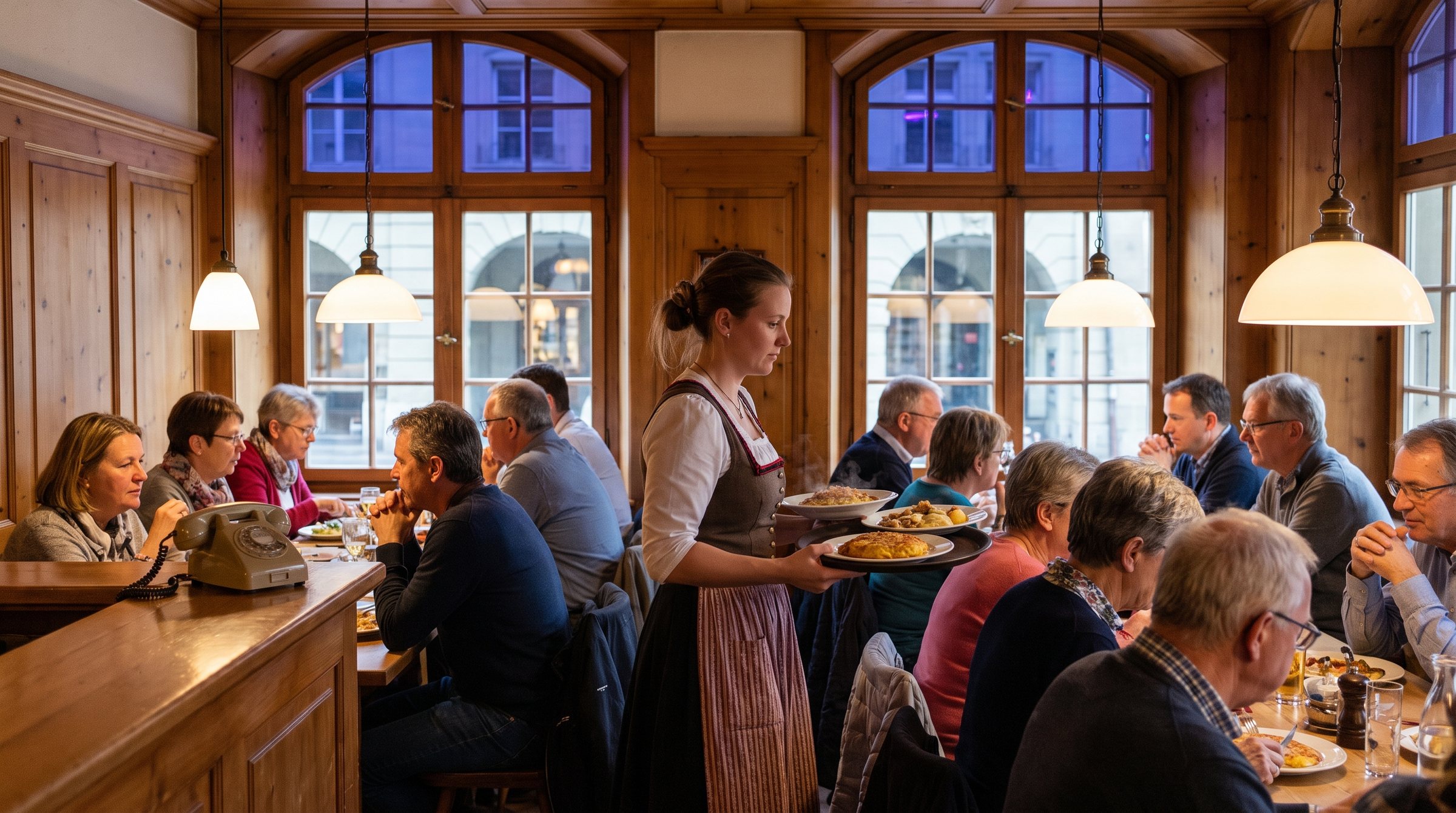Servicemitarbeiterin bringt Rösti in einer getäferten Gaststube in der Berner Altstadt, draussen die Sandsteinlauben