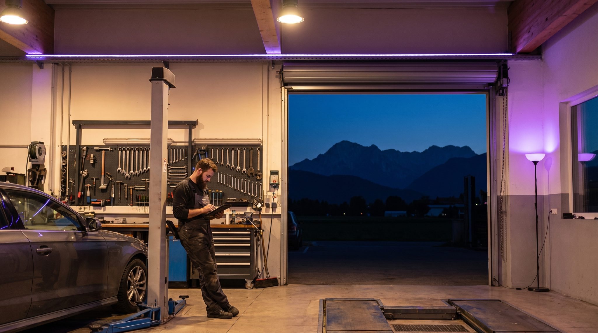 Mechaniker mit Tablet in einer Garage, durch das offene Tor die Berge in der Dämmerung
